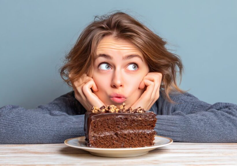 Eat less sugar for health, women is dreaming of eating a chocolate cake, sweets during sugar diet session for lose weight.