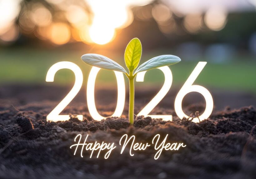 Green seedling in soil forms 0 in 2026 with happy new year text, symbolizing growth, new beginnings, and hope against a warm, blurred background